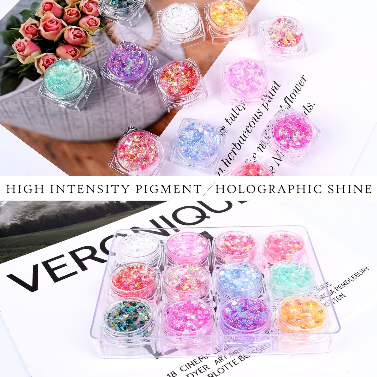 Ownest 12 Colors Holographic Chunky Glitter Gel Set, Christmas Party Makeup Face Body Eye Lips Hair Nail Cosmetic Festival Chunky Glitter Eyeshadow, Mixable, No Need Glue