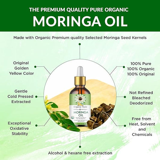 Organic Veda Moringa Oil Virgin 100% Pure & USDA Organic - Multi Purpose, Face, Hair & Skin, Nails, Fast Absorbing, Moisturizing & Beautifying - The Miracle Tree Moringa Oleifera Seed Oil, 1.7 fl.oz
