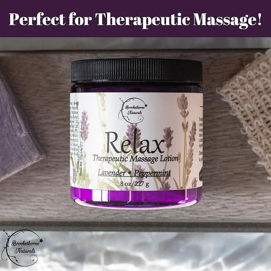 Relax Therapeutic Massage Lotion – All Natural Enriched with Lavender & Peppermint Essential Oils Perfect for Massage Therapy - Massage Cream for Full Body Massage - Brookethorne Naturals 8oz