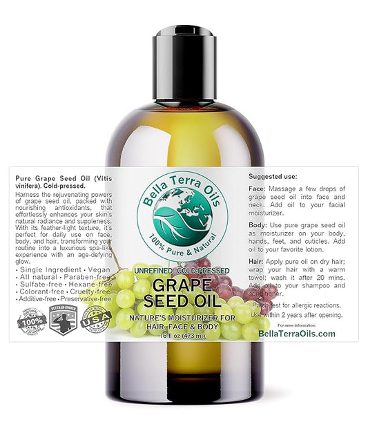 Bella Terra Oils - Organic Grape Seed Oil 16 oz - Celebrate the Essence of Cold-Pressed Organic Grapes, Rich in Vitamin D & Beta-carotene, The Ultimate Skin Nourishing Experience