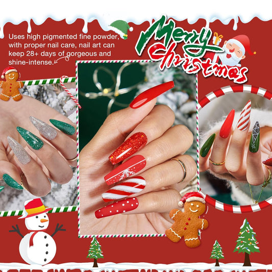 AZUREBEAUTY Christmas Dip Powder Nail Kit Green Red Glitter Silver 12 Pcs Acrylic Dip Powder Liquid Set with Base/Top Coat Activator for French Nail Art Manicure Home Holiday Gifts Set