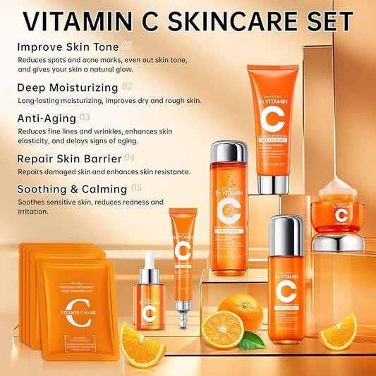 Vitamin C Skincare Set for Teenage Girls, 11-Piece Glow Kit with Facial Cleanser, Toner, Eye Cream, Serum, Lotion, Face Cream & Sheet Masks, Anti-Aging Skin Care Kit for Firming & Moisturizing