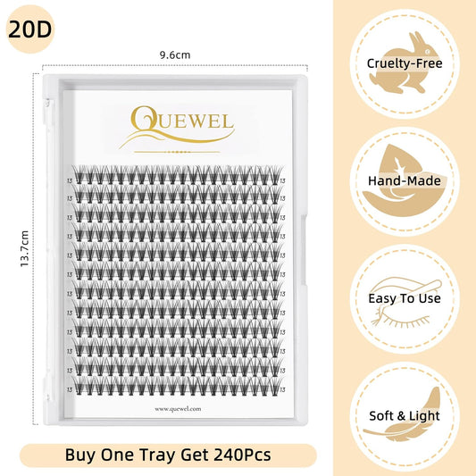 QUEWEL Cluster Lashes 240Pcs Individual Lashes 20D 0.07D Curl 13mm Knot-Free Lash Extensions Clusters Lashes Soft&Natural False Eyelashes Individual DIY Eyelash Extension at Home(20D 0.07D 13)