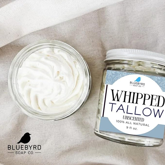 Bluebyrd Tallow Lotion – Large 9oz Size – 100% Grass-Fed & Hand-Whipped – Deeply Moisturizes & Soothes Dry, Sensitive Skin, Face + Body (9oz, Unscented)