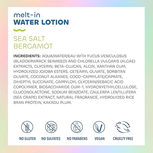 Seaweed Bath Co. Melt-In Water Lotion, Sea Salt Bergamot Scent, 4 Ounce, Sustainably Harvested Seaweed, Sea Grape, Beta-Glucan