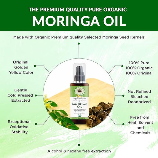 Organic Veda Moringa Oil - USDA Cold Pressed Virgin Moringa Seed Oil - 100% Pure Moringa Skin Care Oil Moisturizer for Face, Nails, Foot, Body & Hair - Unrefined, Vegan & Gluten Free - 3.4 fl oz