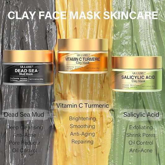 Facial Clay Mask Set - Vitamin C Face Mask with Turmeric, Dead Sea Mud & Salicylic Acid Mask for Pores Cleansing, Blackheads, Dark Spots, Brightening, Face Masks Skincare Gift for Women, 2.82 oz each