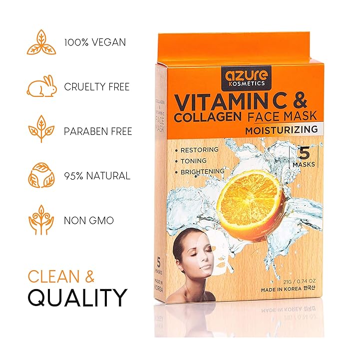AZURE Vitamin C & Collagen Moisturizing Facial Mask - Anti Aging, Deeply Moisturizing & Firming - Skin Care Made in Korea - 5 Pack