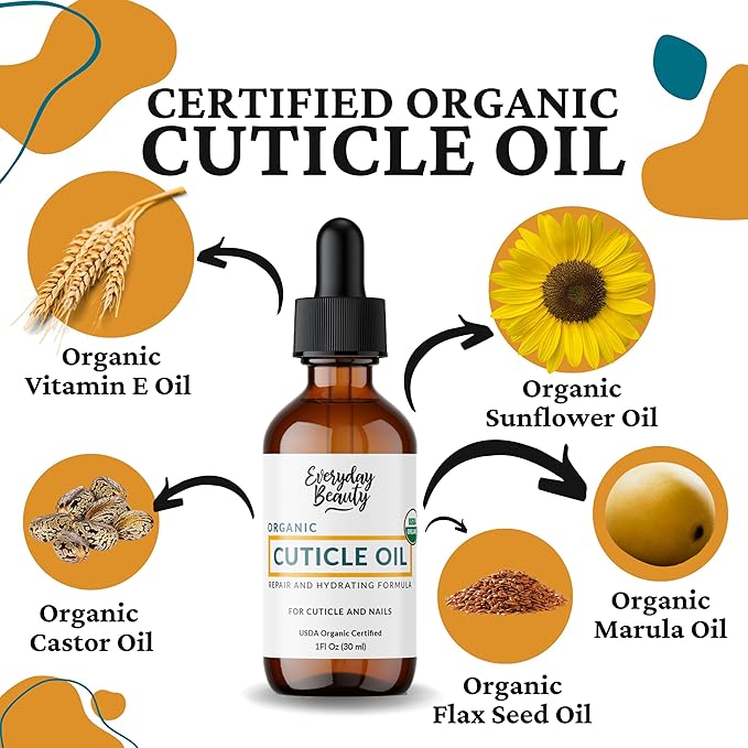 Organic Cuticle & Nail Oil - Repair, Revitalize & Hydrate Cuticles and Nails - Organic Spa Treatment - For Stronger Healthier Nails and Cuticles - 1 Fl Oz Glass Bottle with Nail Brush and Dropper