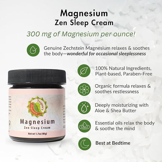 Taspen's Organics Magnesium Zen Sleep Cream with Organic Ingredients - Natural Sleep & Relaxation Formula - Moisturizing Formula- Cruelty-Free (1.7 oz)