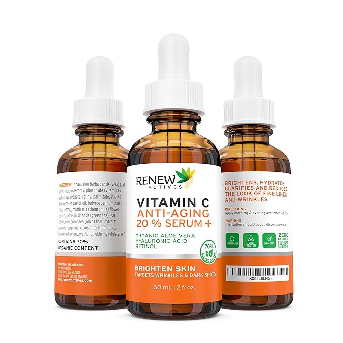 RENEW ACTIVES Vitamin C Serum - Brightening & Anti-Aging Formula - Reduces Dark Spots, Fine Lines & Wrinkles - Promotes Even Skin Tone - Hydrating & Antioxidant Protection - Made in Canada - 2 fl oz