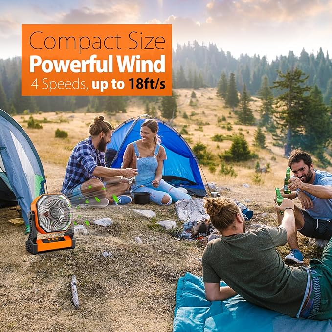 20000mAh Camping Fan, Rechargeable Portable Fan with 400 Lumes Light, 360° Rotatable Hook, 270° Pivot, 4 Speeds, 58Hrs Battery Powered for Tent Car Trip Outdoor BBQ Hurricane Power Outages