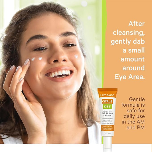 LILY SADO CITRUS KISS™ Eye Repair Cream - Antioxidant-Rich Natural Formula w/Peptides, Sodium Hyaluronate, and VITS C, B5 & E - Prevents Puffiness, Under-eye Wrinkles, Discoloration & Eye Bags - 1oz