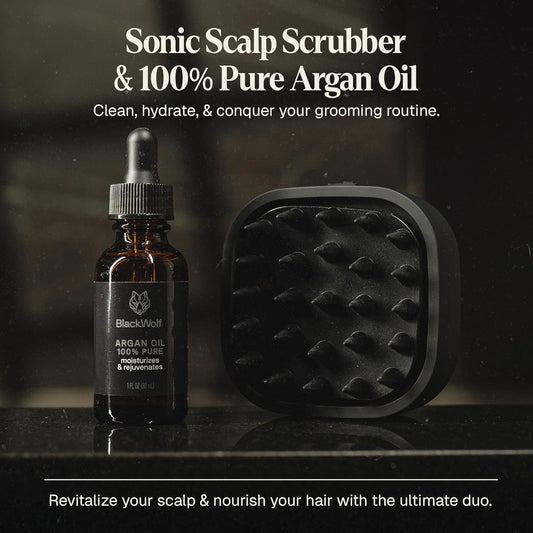 Black Wolf Sonic Scalp Head Massager & 100% Pure Argan Oil Bundle - Hair Care Products for Healthy Looking Hair & Scalp - Men's Shower & Bathroom Essentials Set