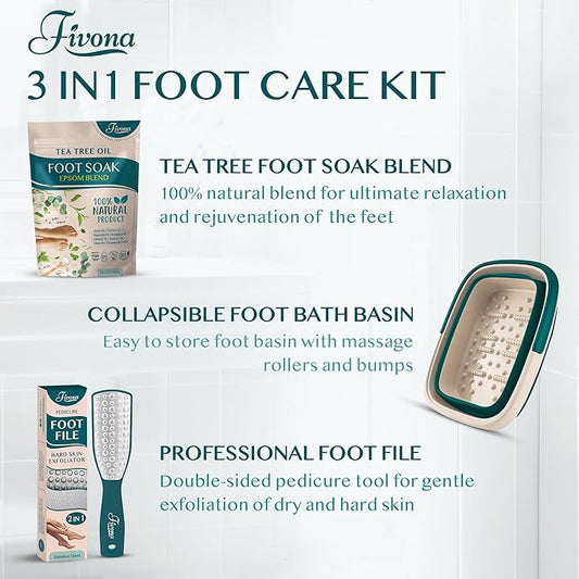 Fivona Foot Care Kit 3 in 1 - Foot Soak Blend with Epsom Salt, Tea Tree and Essential Oils - Collapsible Foot Soak Basin - Dual Action Foot File