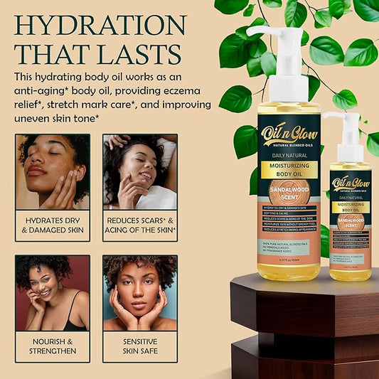 100% Pure Natural Hydrating Body Oil After Shower with Vitamin E, Coconut, Jojoba, Olive, Almond - Moisturizing Oil For Dry Skin, Non-Greasy Body Oils - Sandalwood Scent, 5.07 fl oz