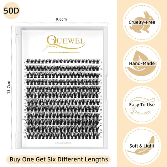 QUEWEL Cluster Lashes 240Pcs Individual Lashes 50D 0.07 C Curl Mix8-14mm Lash Extensions Clusters Lashes Soft&Natural False Eyelashes Individual DIY Eyelash Extension at Home(50D 0.07C mix-8-14)