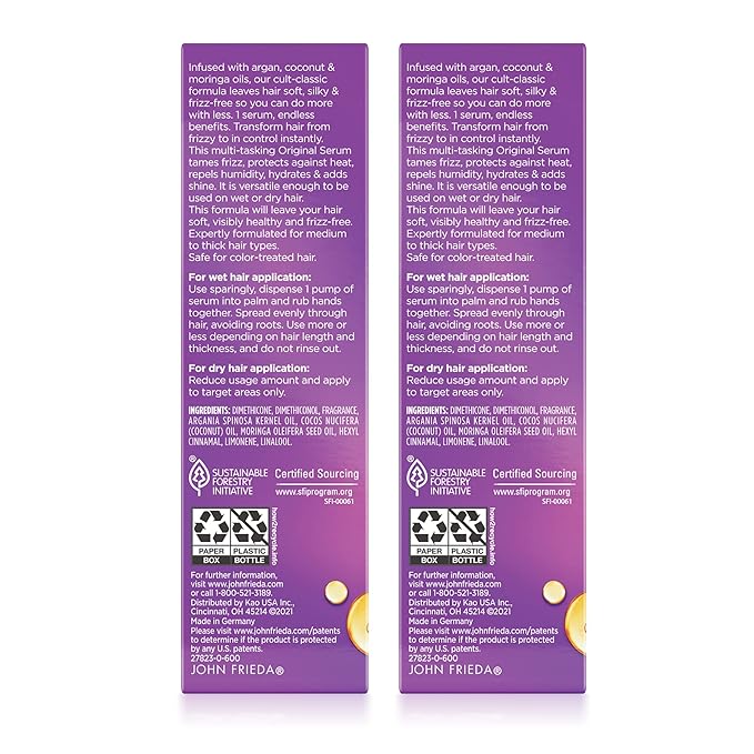 John Frieda Frizz Ease Original Hair Serum, Protecting Against Frizz, Heat, and Humidity While Adding Shine, Hydratesand Smooths Hair with Argan, Coconut, and Moringa Oil, 1.69 Oz, Pack of 2