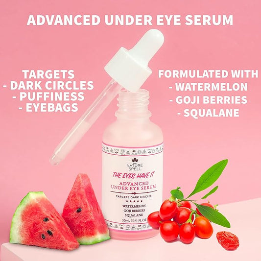 Nature Spell Advanced Under Eye Serum with Watermelon & Goji Berries 1 Fl Oz– Targets Dark Circles, Puffiness & Eyebags – Anti Wrinkle Under Eye Cream - 100% Vegan – Made in the UK