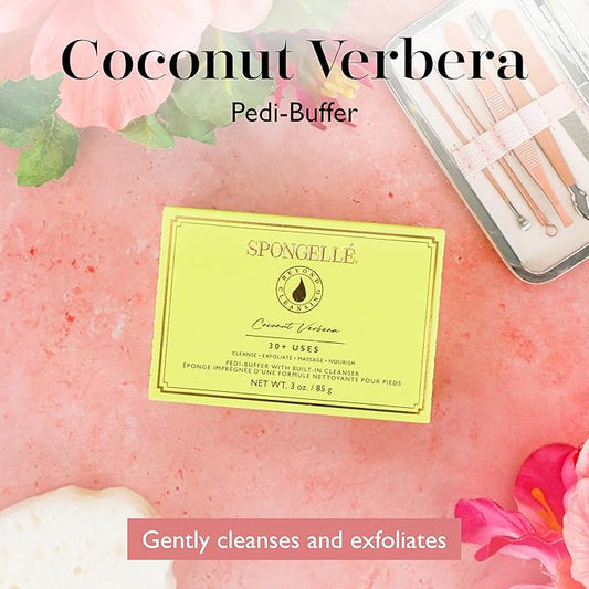 SPONGELLÉ Coconut Verbena Pedi-Buffer with Built-In Cleanser - Exfoliates, Softens & Smooths Feet for a Spa-Like Pedicure Experience, 30+ Uses