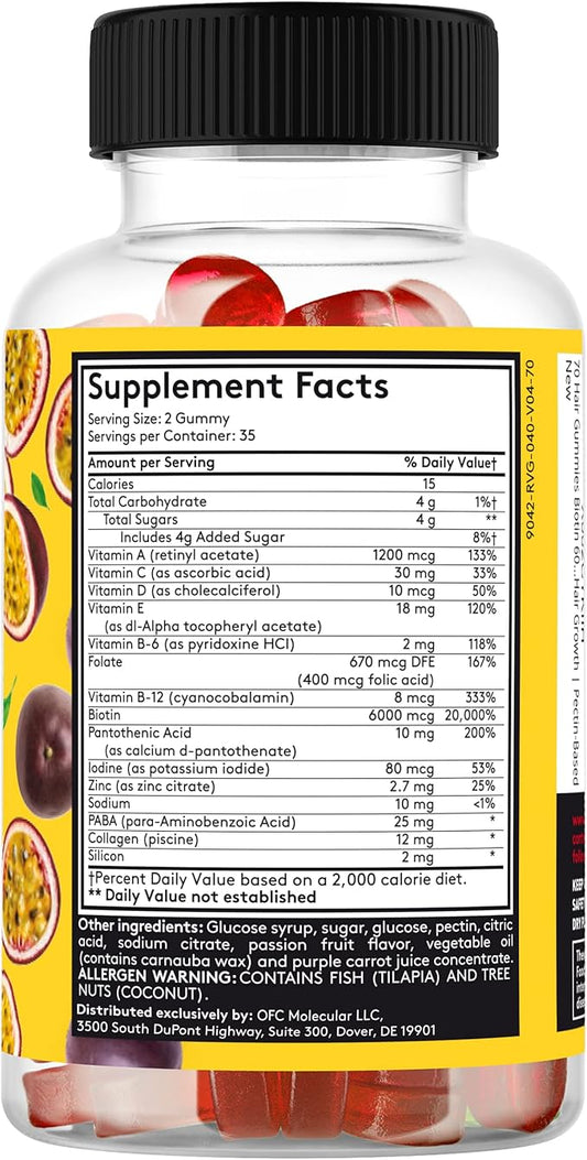 70 Hair Gummies Biotin 6000mcg Collagen Silicon PABA & Multivitamins | Hair Skin and Nails Vitamins Gummy for Women | B Complex Folic Acid 400mcg Vitamin A C D E & Zinc for Hair Growth | Pectin-Based