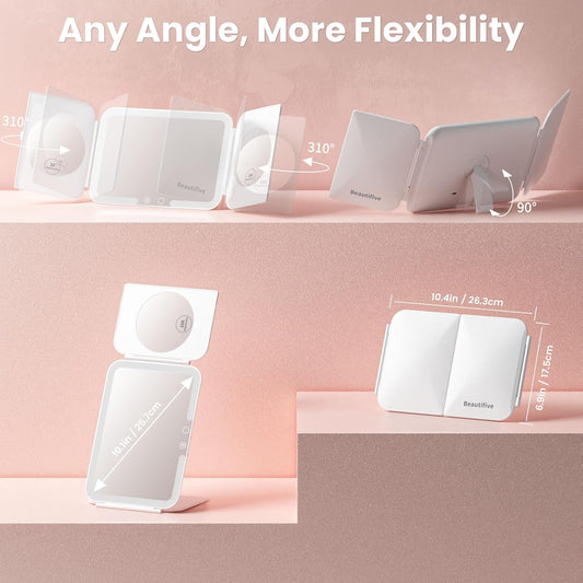 Trifold Travel Lighted Makeup Mirror, 5000mAh Rechargeable Light Up Magnifying Mirrors 1X/3X/10X, 3 Color Lighting&Stepless Dimming, Ultra Bright and Multi-Angle Adjustment