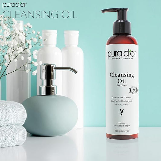 PURA D'OR 8 Oz Facial Cleansing Oil - Nourishing Botanical Blend with & Vitamin, Jojoba and Sunflower Oil - Gentle Makeup Remover & Deep Cleanser For Healthy, Glowing Skin - Paraben-Free Beauty