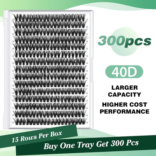 Lash Clusters 300pcs Individual Lashes 40D 0.07D Curl 14mm DIY Eyelash Extension KEYYOU Large Tray Volume Soft&Natural Eyelash Clusters(40D-0.07D,14)