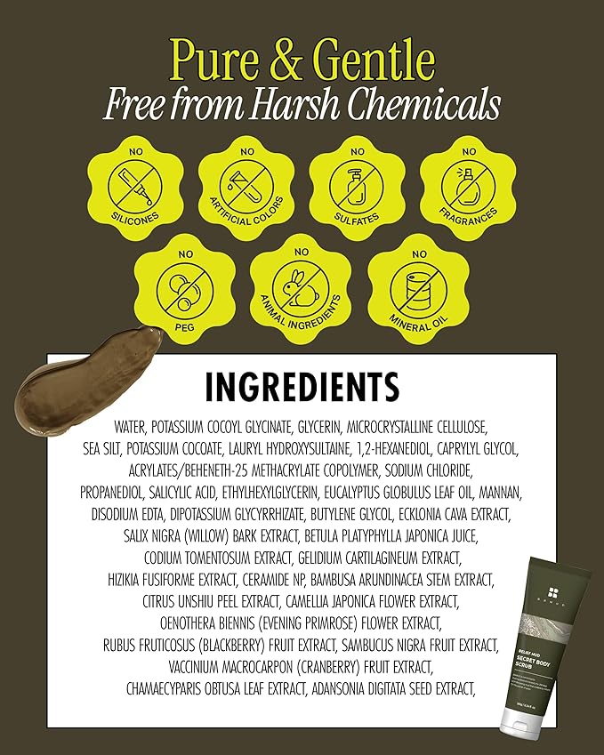 Relief Mud Secret Body Scrub | Korean Body Wash Scrub Exfoliator for Ingrown Hair & Razor Bumps | After Waxing Care Feminine Wash w/Brown Sugar | for Sensitive Skin (6.34 fl oz)