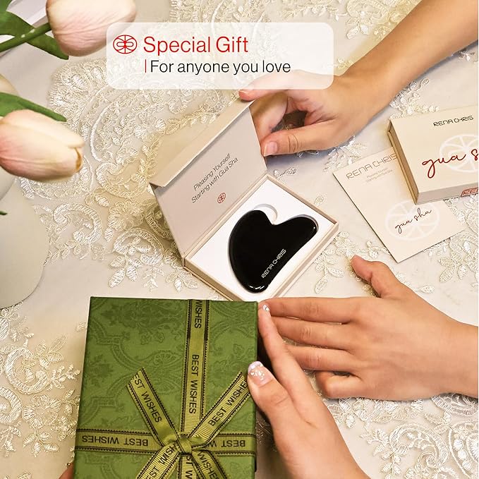 Rena Chris Gua Sha Facial Tools, Natural Obsidian Gua Sha with Teeth for Face & Body, Manual Massage Sticks for Jawline Sculpting and Puffiness Reducing, Facial Massage Tool, Skin-Care (Black)