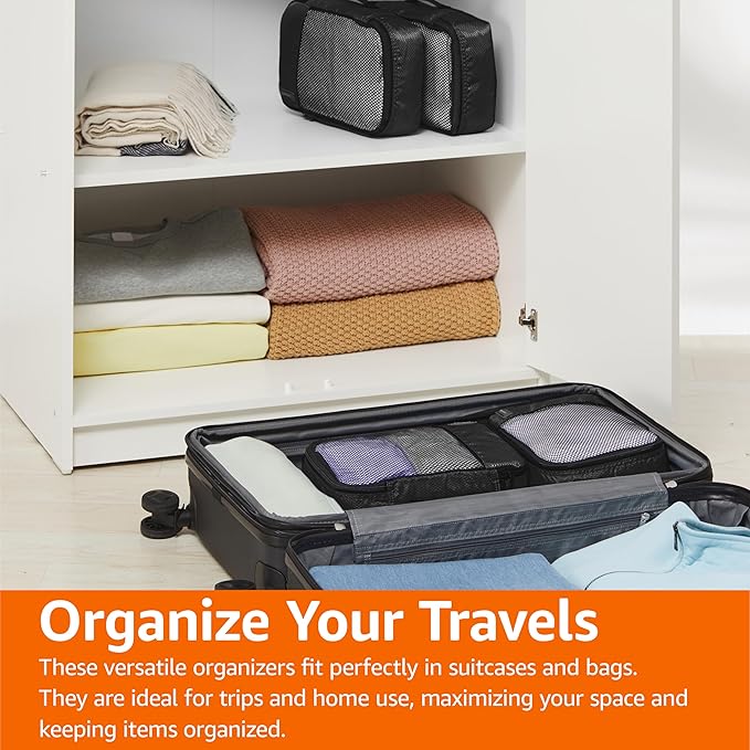 Amazon Basics Small Packing Cubes for Travel, Packing Organizers, 4-Piece-Set With Double Zipper Pulls and Mesh Top Panel, 100% Durable Polyester, Black, 11"L x 6.8"W x 3"H