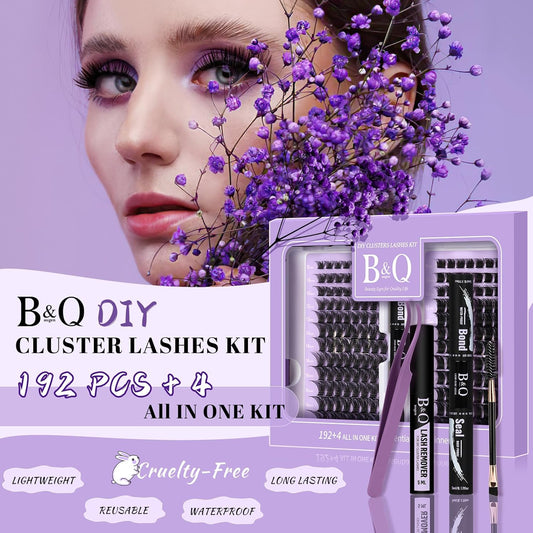 B&Q Lash Extension Kit 192 pcs Eyelash Extension Kit B02+B07 8-18mm Mixed Lash Clusters Kit Individual Lashes Kit Wispy with Lash Glue and Remover Applications Eyelash Kit (B02+B07, Kit)