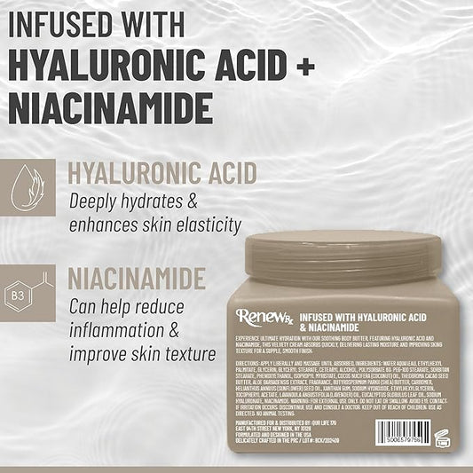 Hyaluronic Acid + Niacinamide Body Butter for Dry Skin – Deep Hydrating Skin Care, Skin Perfecting Vegan Skincare, 16 oz