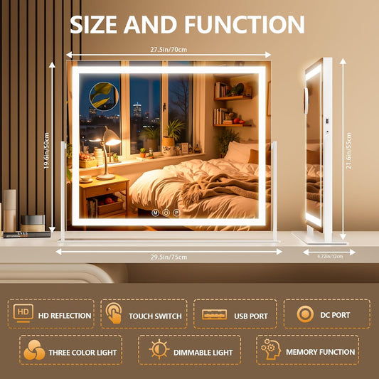 Vanity Mirror with Lights, 30'' x 22'' Lighted Makeup Mirror, Touch Screen with 3-Color Lighting, Dimmable for Vanity Desk Tabletop Square White