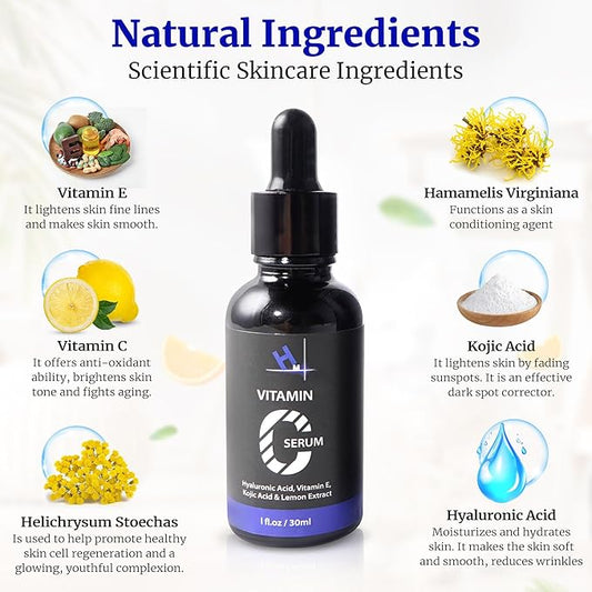 HM Vitamin C Serum with Hyaluronic Acid, Vitamin E & 1 percent Kojic Acid | Anti-Aging & Brightening | Reduces Wrinkles & Enhances Skin Radiance
