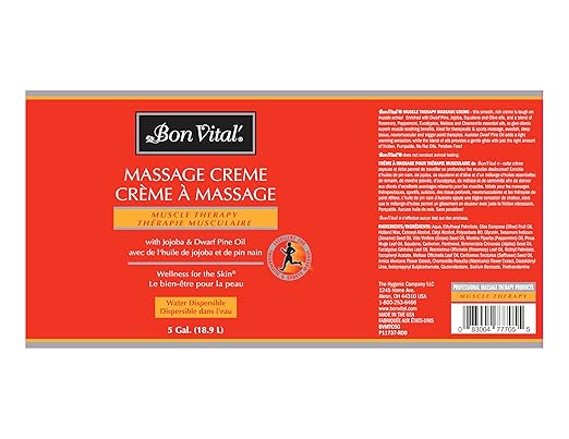 Bon Vital' Muscle Therapy Massage Creme, Professional Massage Cream with Dwarf Pine Oil & Essential Oils for Relaxation & Soreness Relief, Deep Tissue & Sports Massage Techniques, 5 Gallon Pail