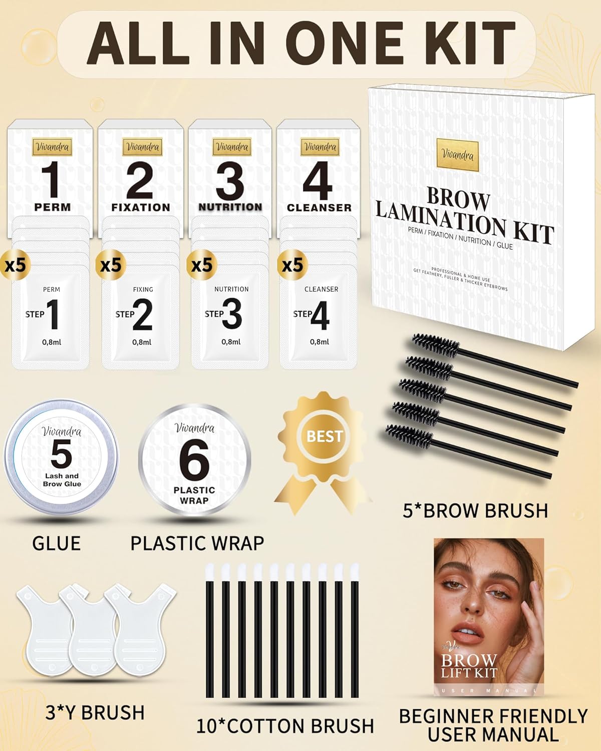 Vivandra Brow Lamination Kit 5 PACK Sachets – At Home DIY Brow Lift Kit for Fuller, Thicker Eyebrows, Easy to Use, Suitable for Beginners & Professionals