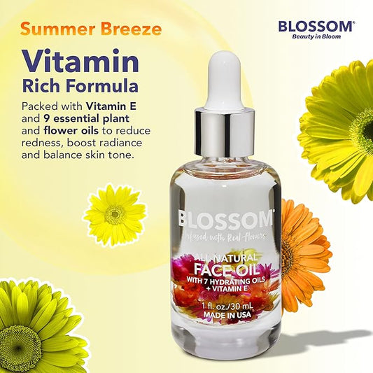Blossom Unscented All Natural, Vegan, Cruelty Free Face Oil with Vitamin E, Infused with Real Flowers, Made in USA, 1 fl. oz., Summer Breeze