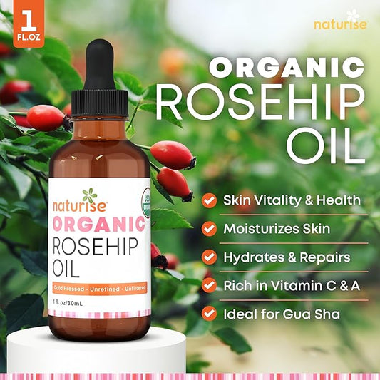 Organic Rosehip Seed Oil for Face, 100% Pure, Natural Cold Pressed Rose Hip Oil for Skin, Hair, Nails and Body Care (1 FL. OZ.)