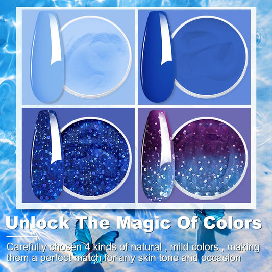 Honey Joy Dip Powder Nail Kit Starter,4 Colors Navy Blue Sky Blue Purple Glitter Dipping Powder Liquid Set with Base Top Coat for Nail Art Manicure Salon DIY No LED Nail Lamp Needed,Dip-7pcs-04