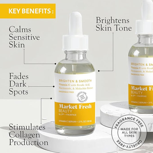 Vitamin C Serum with Ferulic Acid, Niacinamide, & Malachite Extract | Brighten & Smooth | Fragrance-Free | 2 fl oz