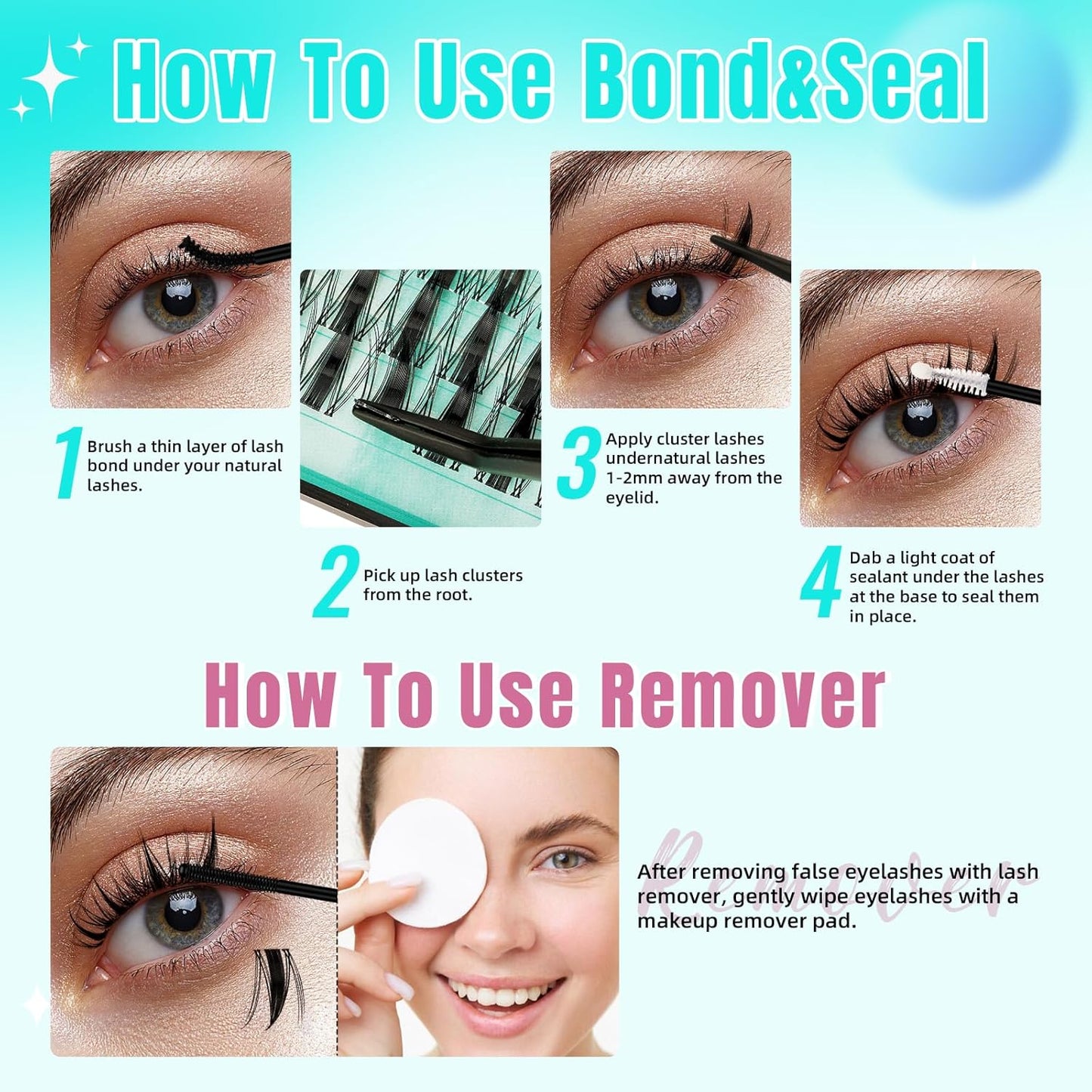 Manga Lash Clusters Kit 144PCS Fairy Eyelash Extension Kit with Lash Bond and Seal, Fake Eyelashes Clusters with Invisible Lash Band, Lash Glue Remover and Lash Applicators (8-16mm Kit,Black Bond)