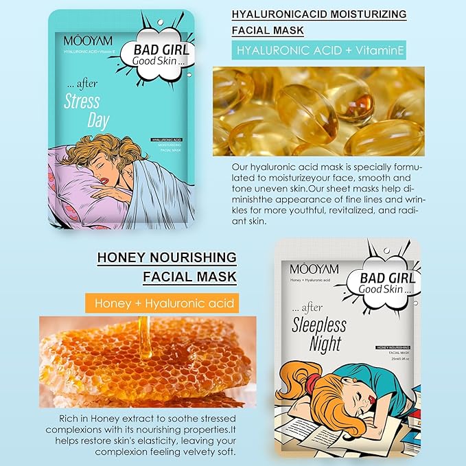 Face Masks Skincare Set for Girl,Moisturizing Collagen Facial Masks for Women Home Spa,Hyaluronic Acid Face Mask for All Skin Types,Day Night Facial Mask Hydrating,Deep Cleaning,Oil Contral(18Pack)