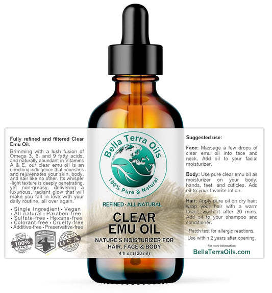 Bella Terra Oils - Clear Emu Oil 4 oz - Dive into Australia's Beauty Secret, Packed with Essential Fatty Acids, Perfect for Silky Smooth Skin