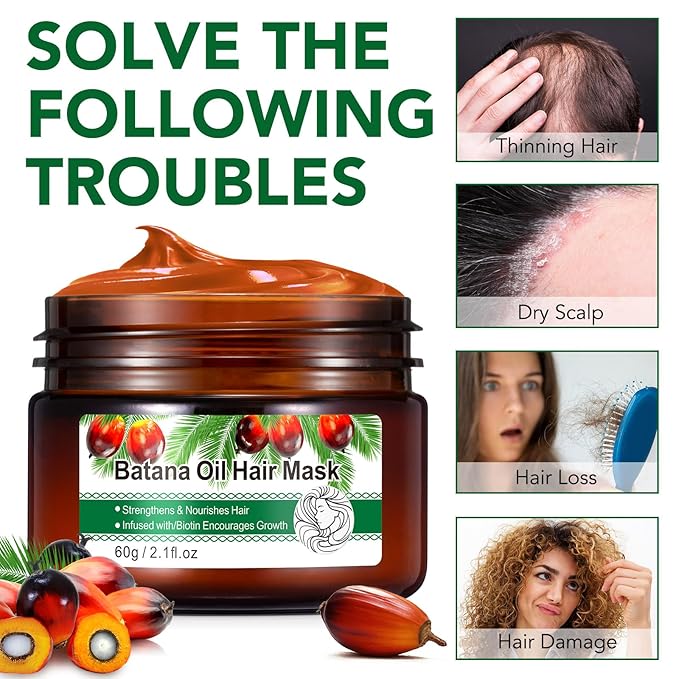 Hair Mask with Batana Oil, 2.1 Fl Oz - Deep Repair Conditioning Mask to Strengthen and Nourish Dry, Damaged & Frizzy Hair for All Hair Types, Biotin Hair Treatment