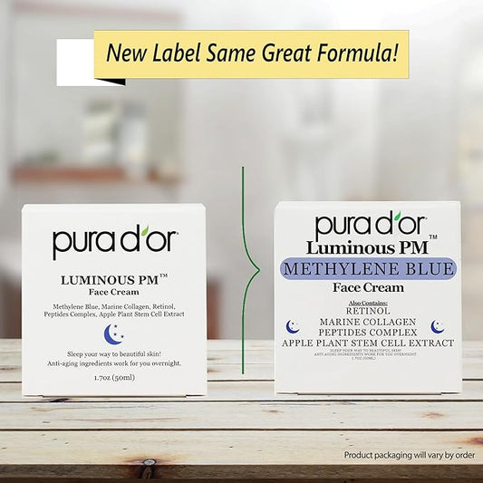 PURA D'OR 1.7 Oz Luminous PM Face Cream - Methylene Blue, Marine Collagen, Retinol, Peptides, Apple Stem Cell Extract - Anti-Aging Nighttime Moisturizer - Overnight Facial Treatment For Women & Men