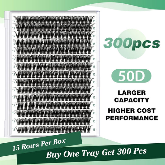 Lash Clusters 300pcs Individual Lashes 40D 0.07D Curl 15mm DIY Eyelash Extension KEYYOU Large Tray Volume Soft&Natural Eyelash Clusters(50D-0.07D,15)
