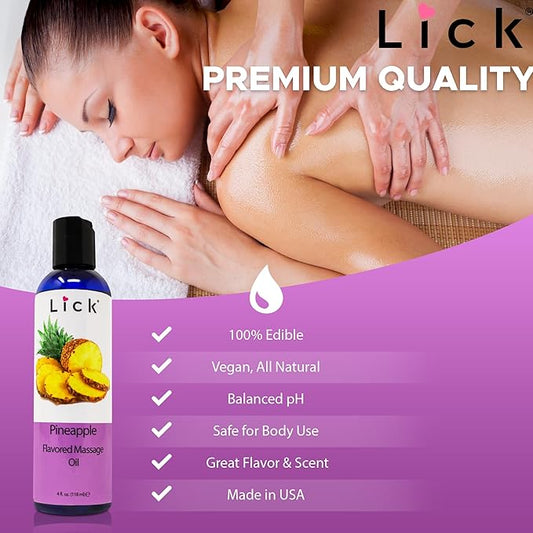 Lick Pineapple Flavored Massage Oil with Vitamin E, Coconut, Sweet Almond Oil for Lovemaking, Date Night, Nuru Yoni Massage Therapy, Safe & Edible