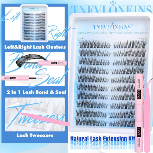 TNFVLONEINS Wispy Lash Extension Kit Left&Right Eyelash Extension Kit Natural Lash Clusters Kit 180Pcs Cluster Eyelash Extensions Kit C Curl Individual Lashes with Bond and Seal and Tweezers