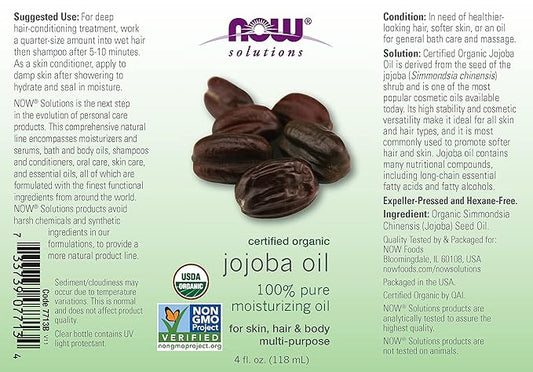 NOW Foods Solutions Certified Organic Jojoba Oil, 4 oz Liquid